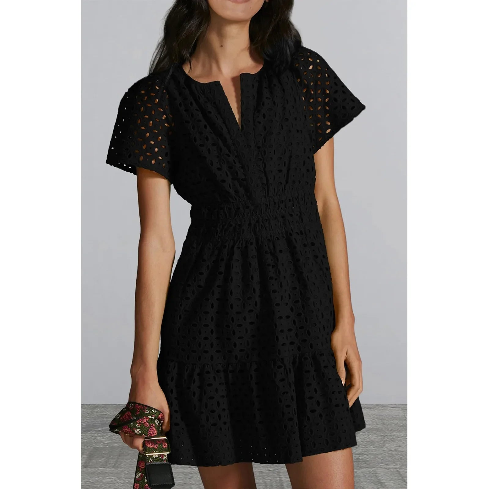 Weekend Flash Offers Hollow Out Lace Women Summer 2024 Solid Color V Neck Female Vestidos Black Casual Loose Vacation Beach Mini Dress