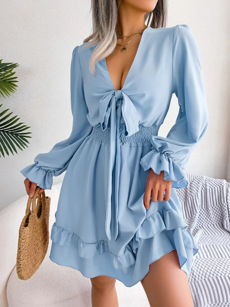 Weekend Flash Offers Elegant Full Flare Sleeves Summer Women's Spring Casual Lace up Bow Elastic Waist Swing Mini Dress