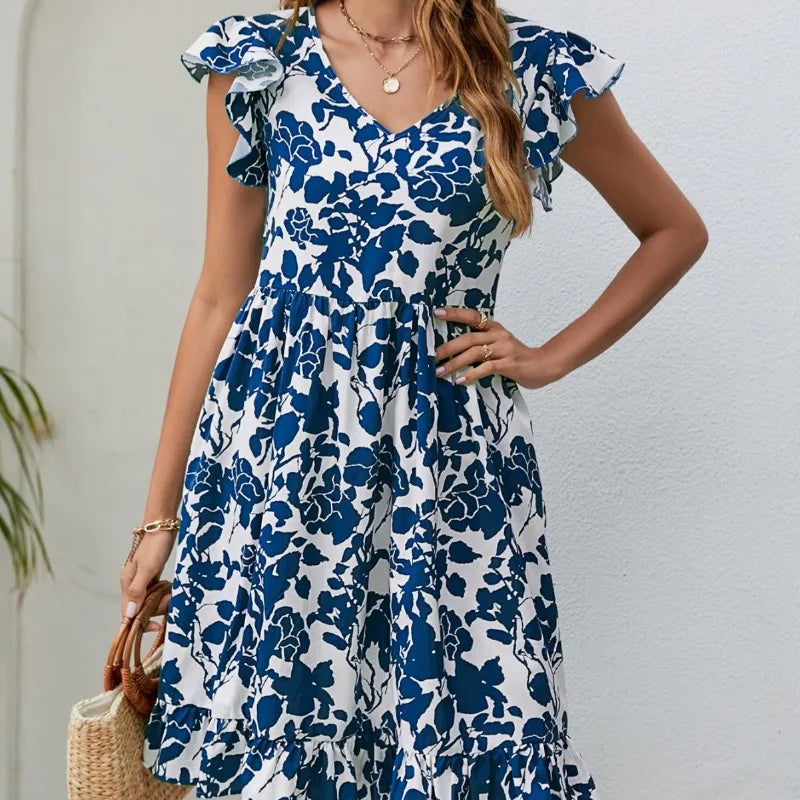 Sale Alert Skinny Floral Prints Summer Women's 2024 New Leaf Short Flying Sleeve Mini Dress