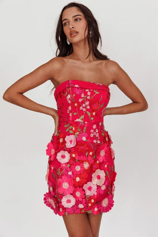 Weekend Big Sale Flora Day Strapless Floral Embellished Mini Dress Fuchsia