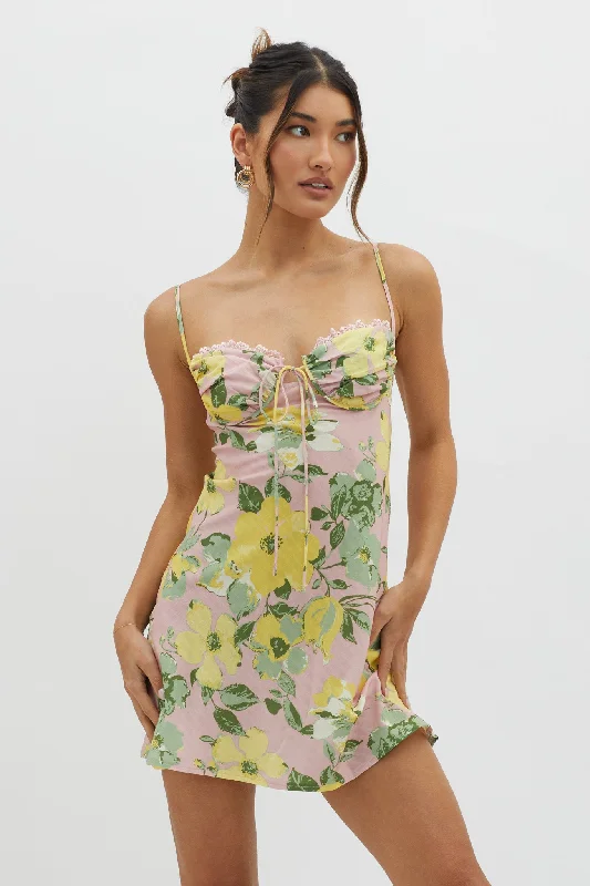 Weekend Mega Sale Event Fortune Lace Trim Bust Tie Mini Dress Floral Pink