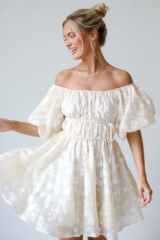 Weekend Mega Deals FINAL SALE - Garden Radiance Ivory Floral Puff Sleeve Mini Dress