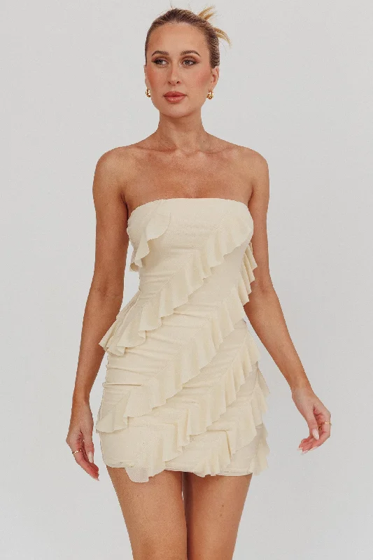 Limited Time Bargain Gold Stars Strapless Ruffle Mini Dress Beige