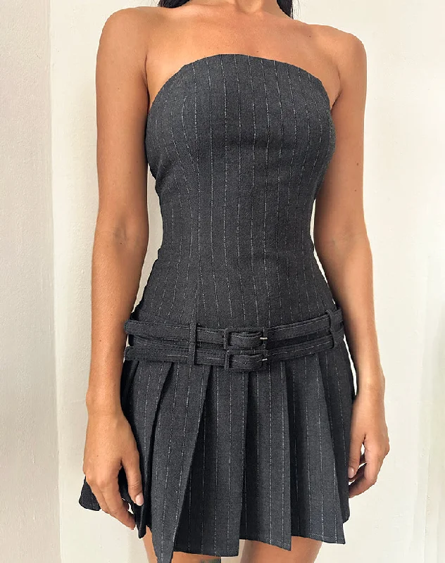 Flash Discounts Haika Double Belt Mini Dress in Charcoal with White Stripe