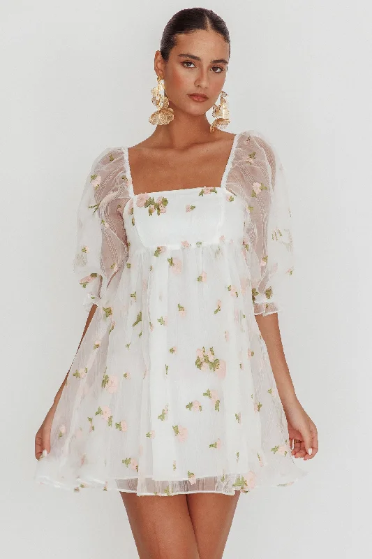 Weekend Flash Sale Helen Floral Organza Mini Dress White Pink