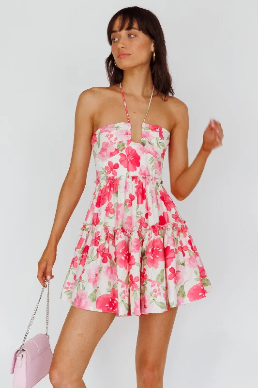 Weekend Shopping Deals Galore Horizons Frill Trim Mini Dress Floral Pink