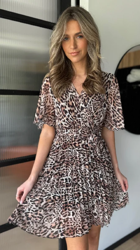 Weekend Wonders Jules Beige & Black Leopard Printed Wrap Effect Pleated Mini Dress