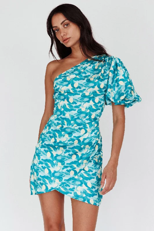 Crazy Price Cuts Krishna One-Shoulder Puff Sleeve Mini Dress Green