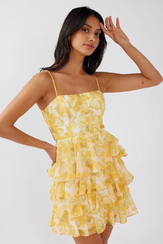 Big Offers Lauran Tied Back Frill Dress Floral Yellow