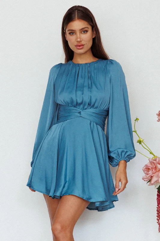 Price Cut Alert Leia Long Sleeve Waist Tie Mini Dress Teal