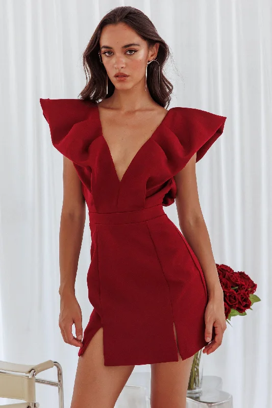 Hot Picks Liardon Bubble Sleeve V-Neckline Mini Dress Wine