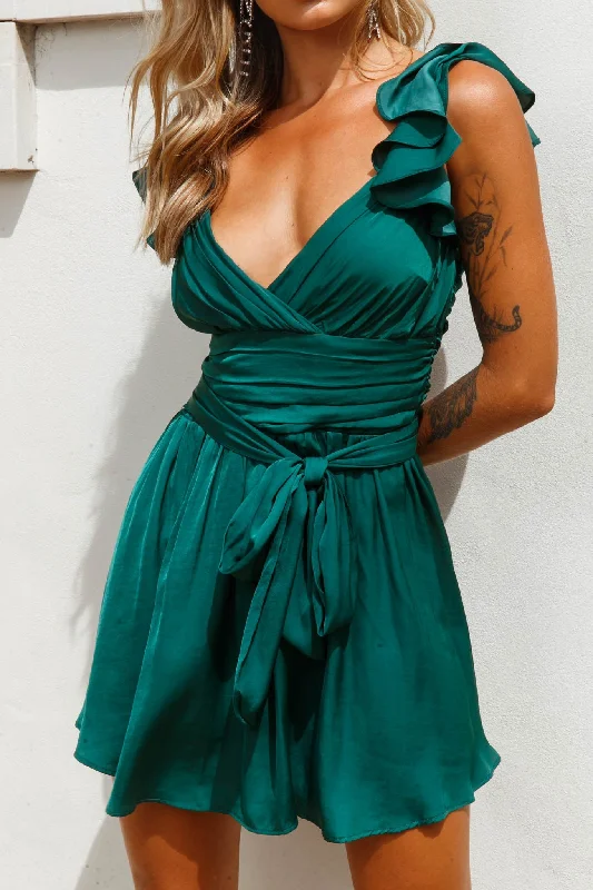 Weekend Deal Fest Lola Ruffle Shoulder Ruched Dress Forest Green