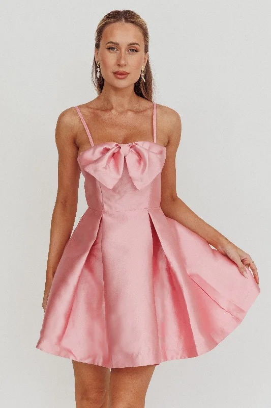 Limited Offer Love Talk Flared Bow Mini Dress Pink