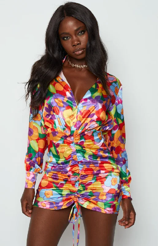 End-of-Season Sale Lover Satin Shirt Dress Multi Floral