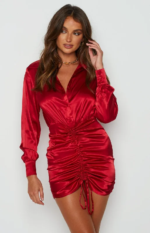 Super Low Prices Lover Satin Shirt Dress Red