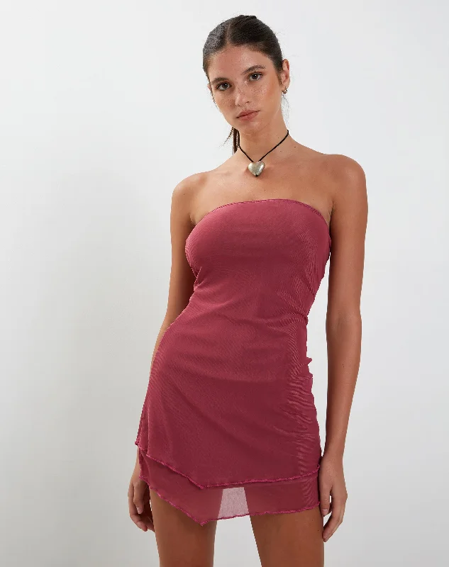 Only for You Mahali Bandeau Mesh Mini Dress in Raspberry
