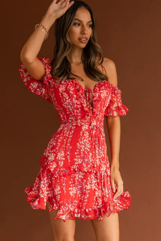 Big Sale Event Maranda Bardot Lace-Up Bust Dress Dainty Floral Red