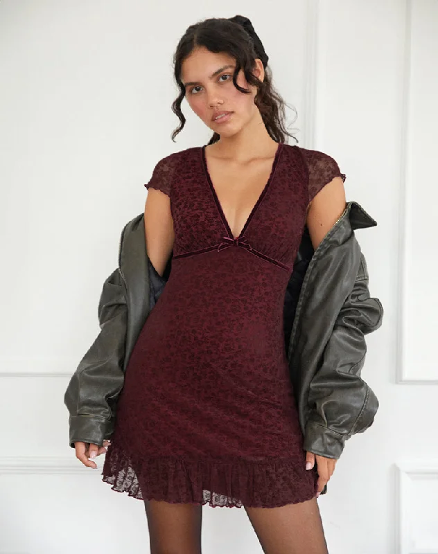 Final Clearance Melva Mini Dress in Ditsy Flock Burnt Maroon
