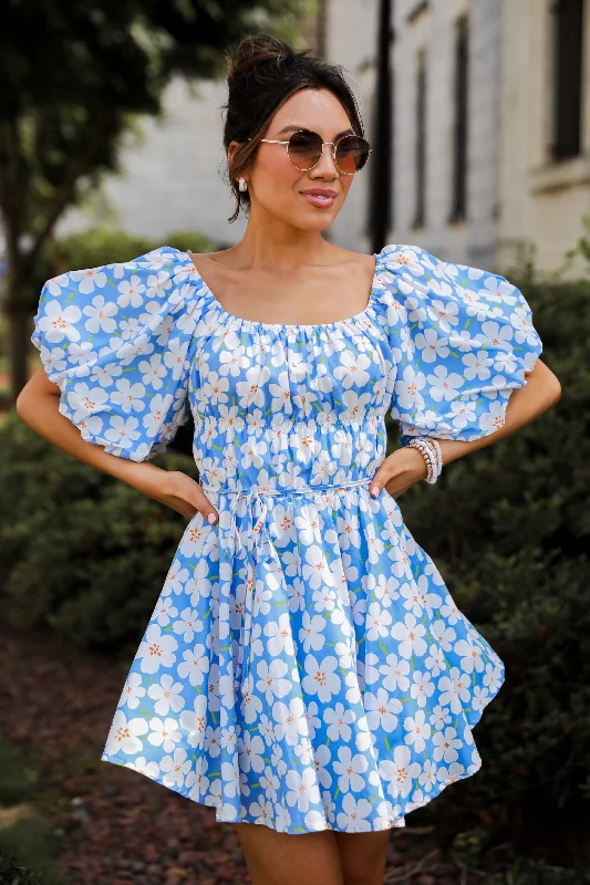 Weekend Big Savings FINAL SALE - Memorable Poise Blue Floral Mini Dress