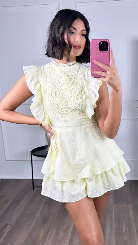 Savings Galore Myka Yellow Crochet & Frill Detail Playsuit