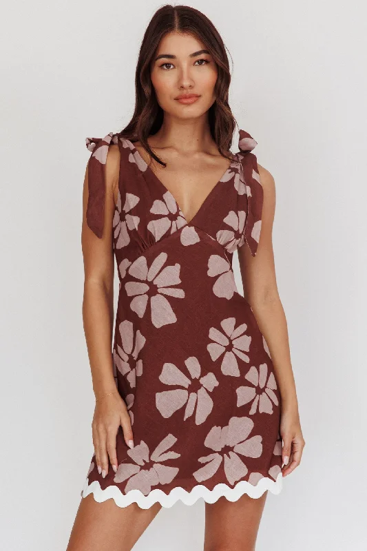 Grab It Now Mykonos Morning Tied Shoulder Mini Dress Floral Brown