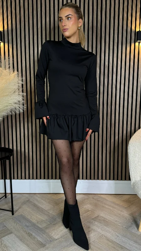 Weekend Discount Extravaganza Nadia Black High Neck Frill Hem Mini Dress