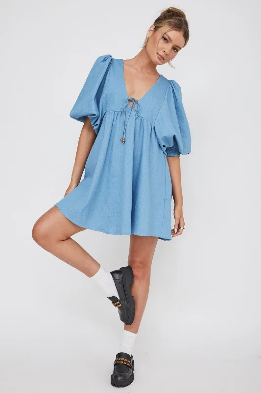 Weekend Limited-Time Offers New Haven Puff Sleeve Swing Dress Denim