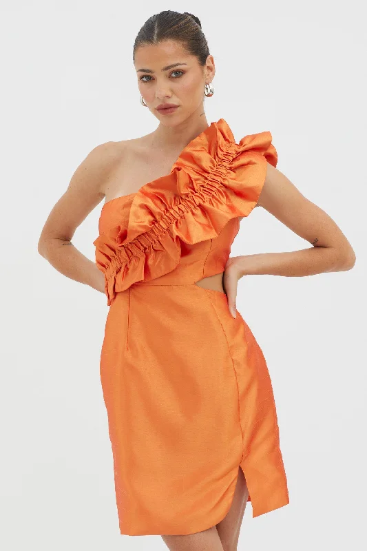 Get It Now NY Moment Wide Ruffle Shoulder Mini Dress Orange