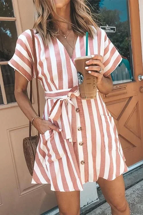 Hot Savings Alert Rishi Cotton Pocketed Striped Shirt Dress - Mocha