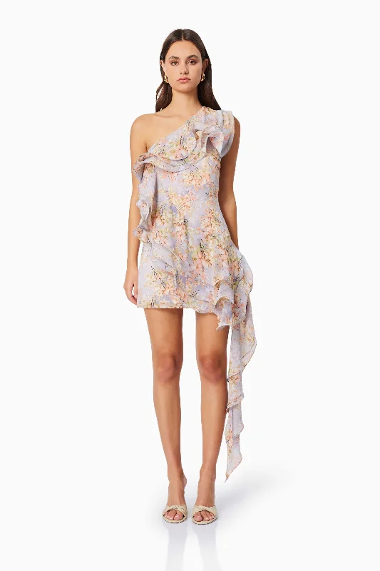 Weekend Markdowns Galore Sahara One Shoulder Floral Mini Dress in Purple