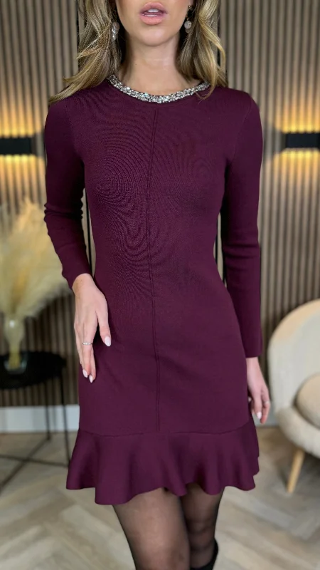 Weekend Best Deals Savannah Burgundy Embellished Neck Frill Hem Knit Mini Dress
