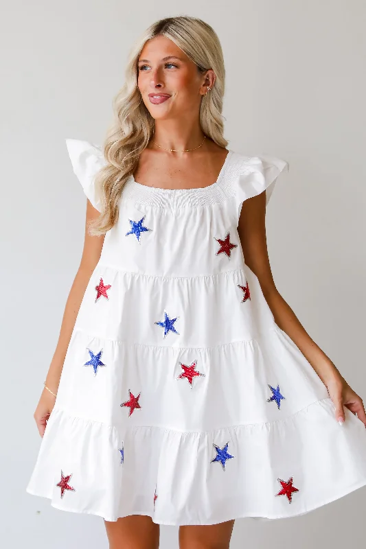 Get It Now FINAL SALE - Sensationally Precious White Sequin Star Tiered Mini Dress