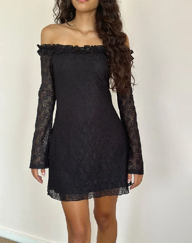 Weekend Hot Savings Severine Bardot Mini Dress Lace Black