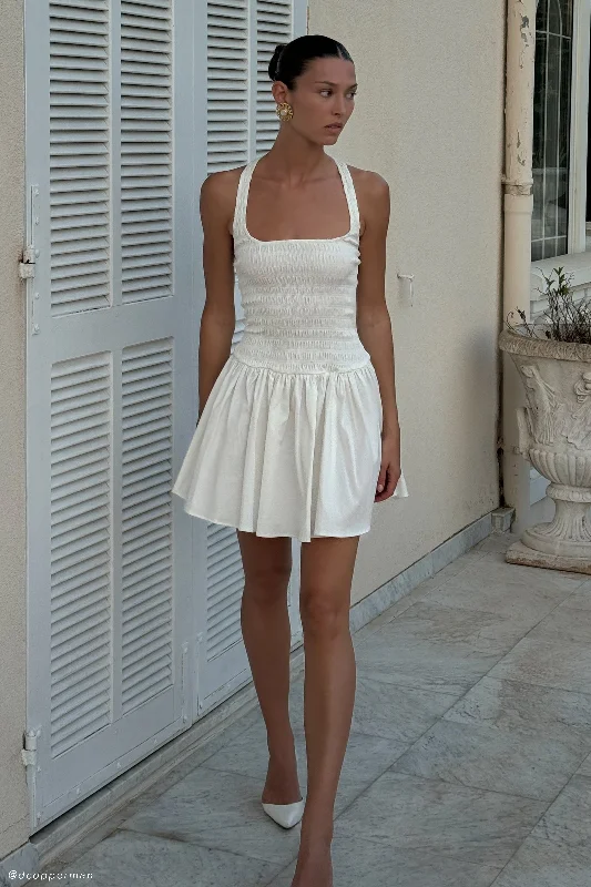 Weekend Offers Galore Shelley Cotton Shirred Halter Mini Dress - White