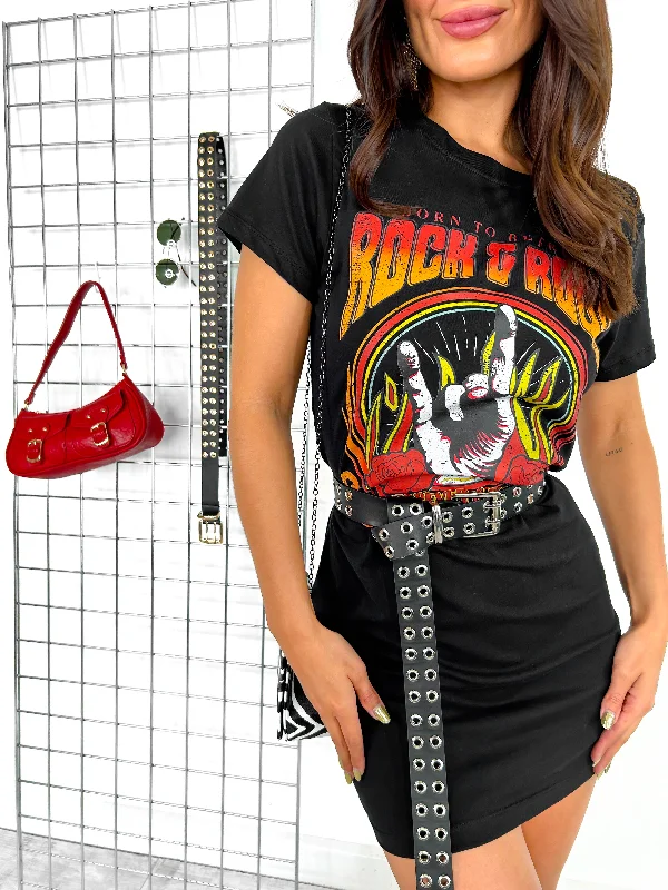 Limited Quantity She's A Rocker - Black Red Graphic T-Shirt Dress