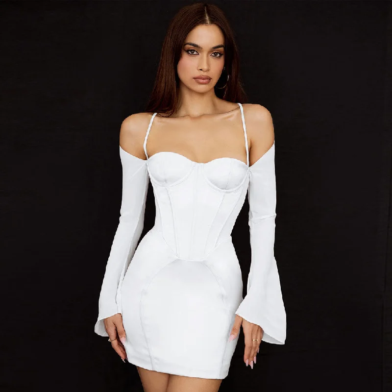Unmissable Deals Silky Satin Long Sleeve Off Shoulder Corset Club Mini Dress - White