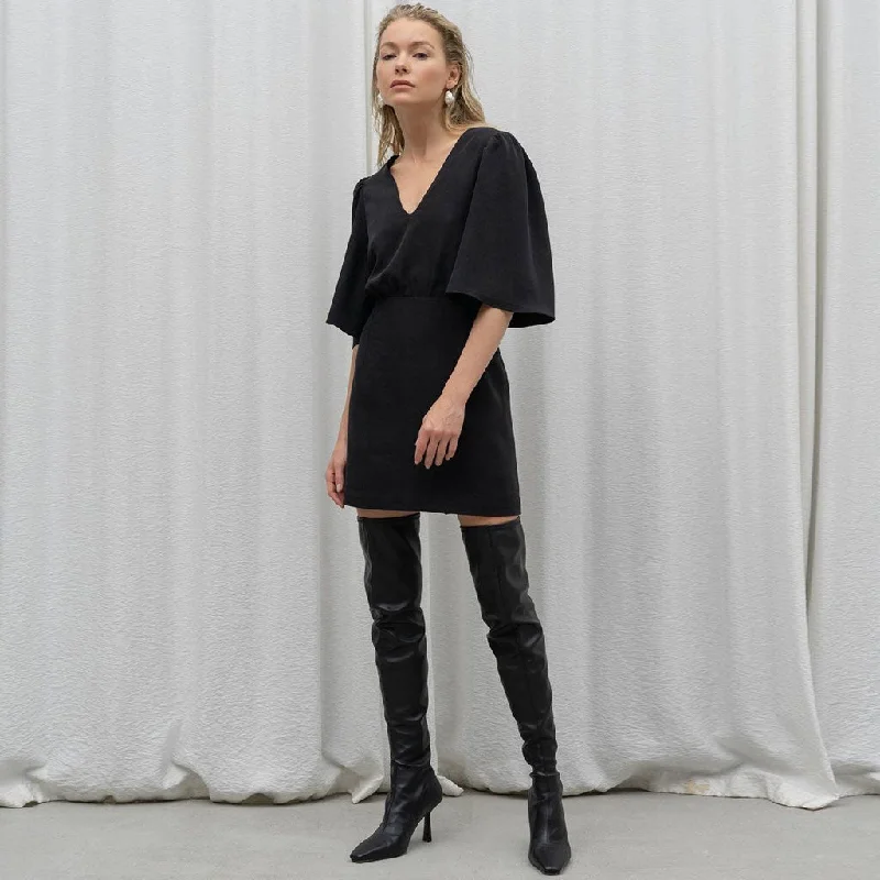 Limited Edition Simple Style V Neck Puff Sleeve Little Black Mini Dress - Black
