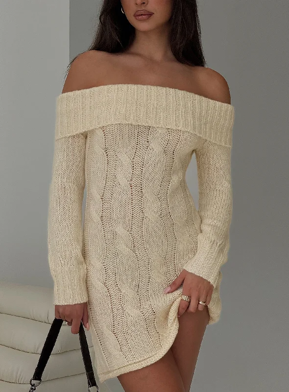 Weekend Savings Bonanza Snow Angel Off Shoulder Knit Jumper Mini Dress Cream