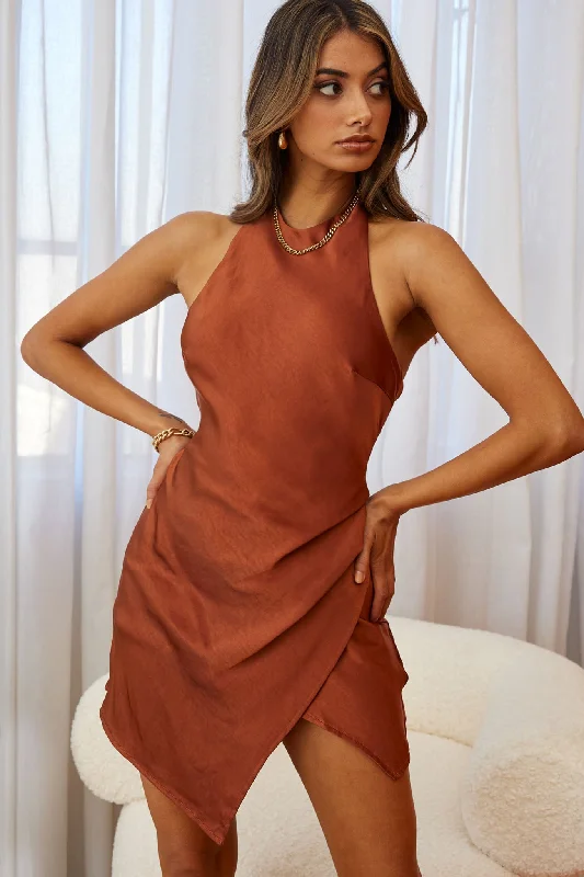 Weekend Deal Fever Sonoma Halterneck Faux Wrap Twist Back Mini Dress Chocolate