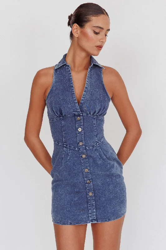 Massive Sale Event South Beach Faux Button Collared Dress Dark Denim