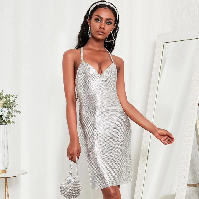 Weekend Low Prices Sparkling Sleeveless Crisscross Open Back Party Mini Dress - Silver
