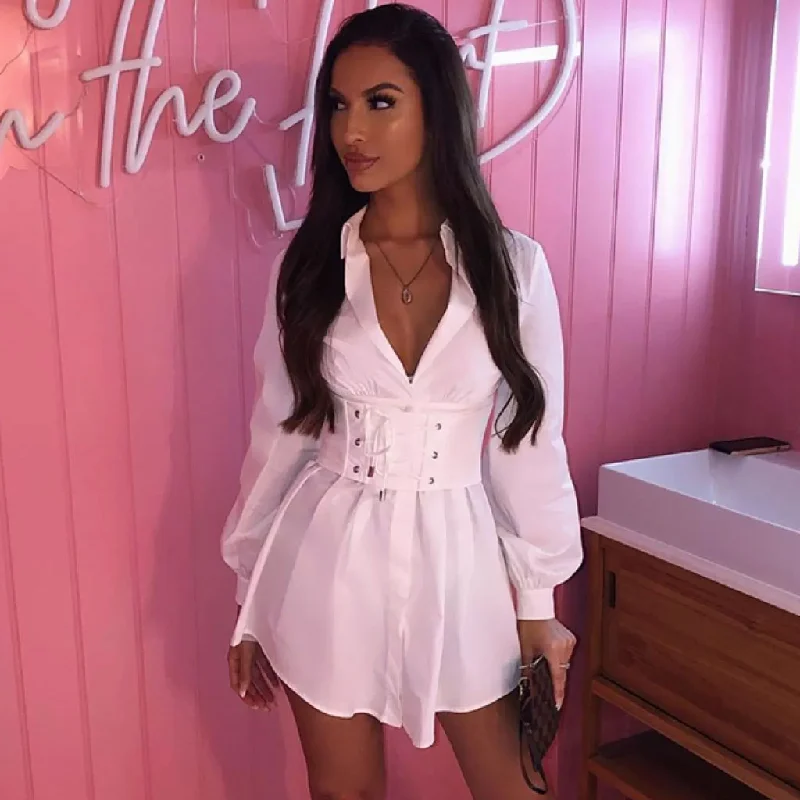 Flash Offer Sweet Belted Long Sleeve Mini Shirt Dress - White