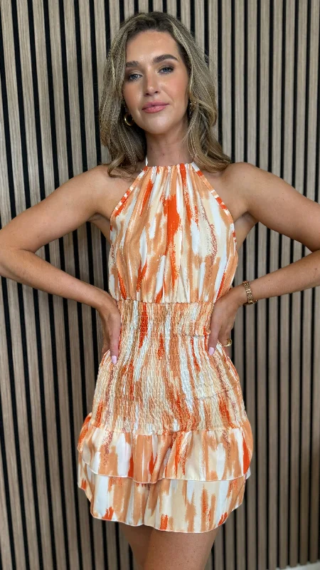 Weekend Clearance Frenzy Teagan Orange Printed Frill Detail Halterneck Mini Dress