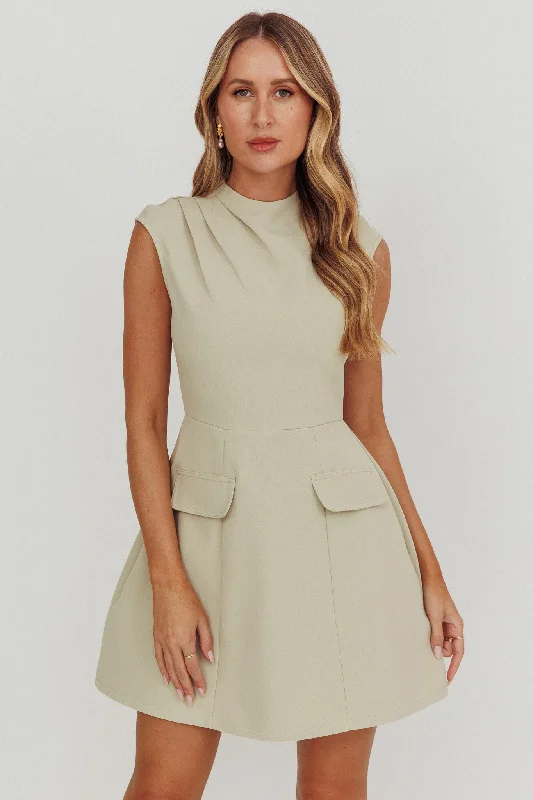 Weekend Deal Fever Thandi Pleat Shoulder Faux Pocket Mini Dress Sage