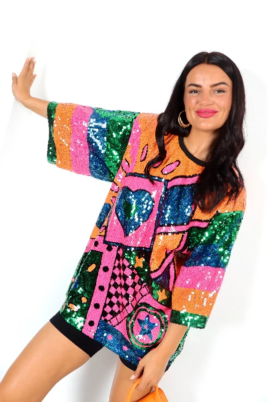 Hurry, While Stocks Last The Main Character - Orange Pink Sequin T-Shirt Dress