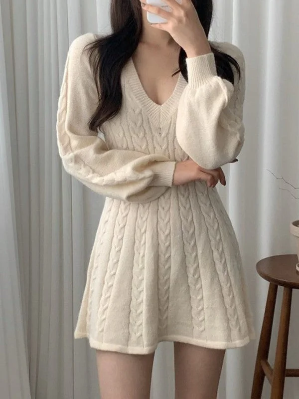 V Neck Cable Knit Long Sleeve Mini Dress