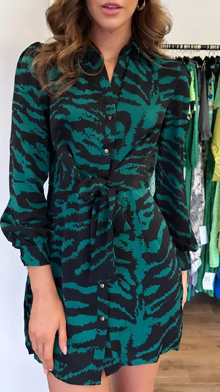Shop Now, Save More Yesenia Green Animal Print Mini Shirt Dress