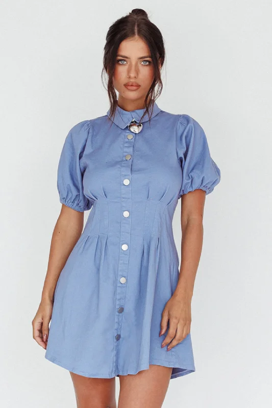 Grab Your Deal Zurich Pleated Waist Shirt Dress Blue
