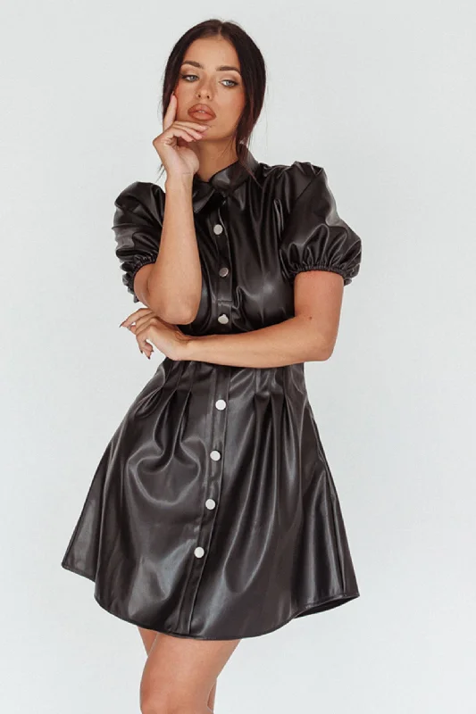 Offer of the Day Zurich Pleated Waist Shirt Dress Faux Leather Black