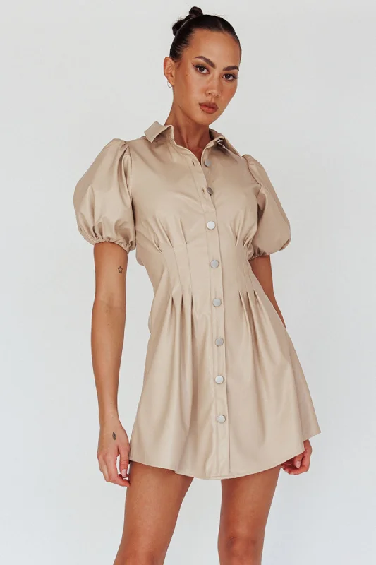 Limited Stock Zurich Pleated Waist Shirt Dress Faux Leather Nude